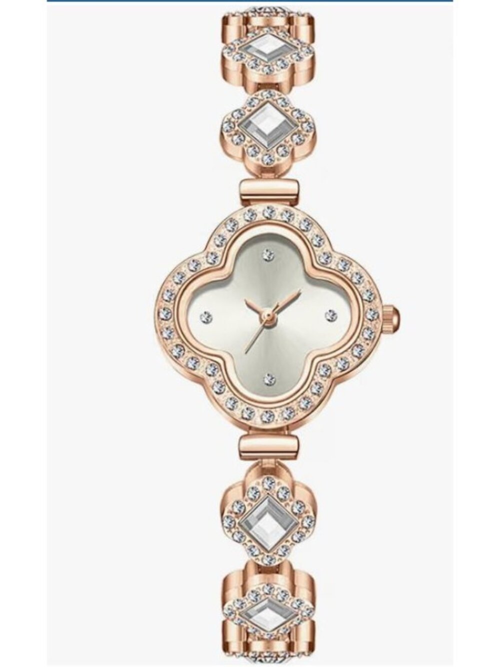 Elegant Rose Gold Crystal Watch With Clover Dial & Diamond Accents For Women
